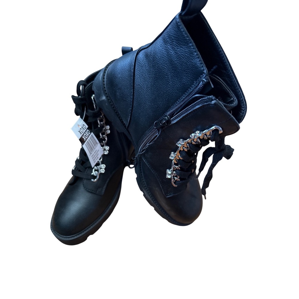 XOXO Priscie Black Combat Boots Rhinestone Chain Lace Up Side Zip XO214292 8.5M